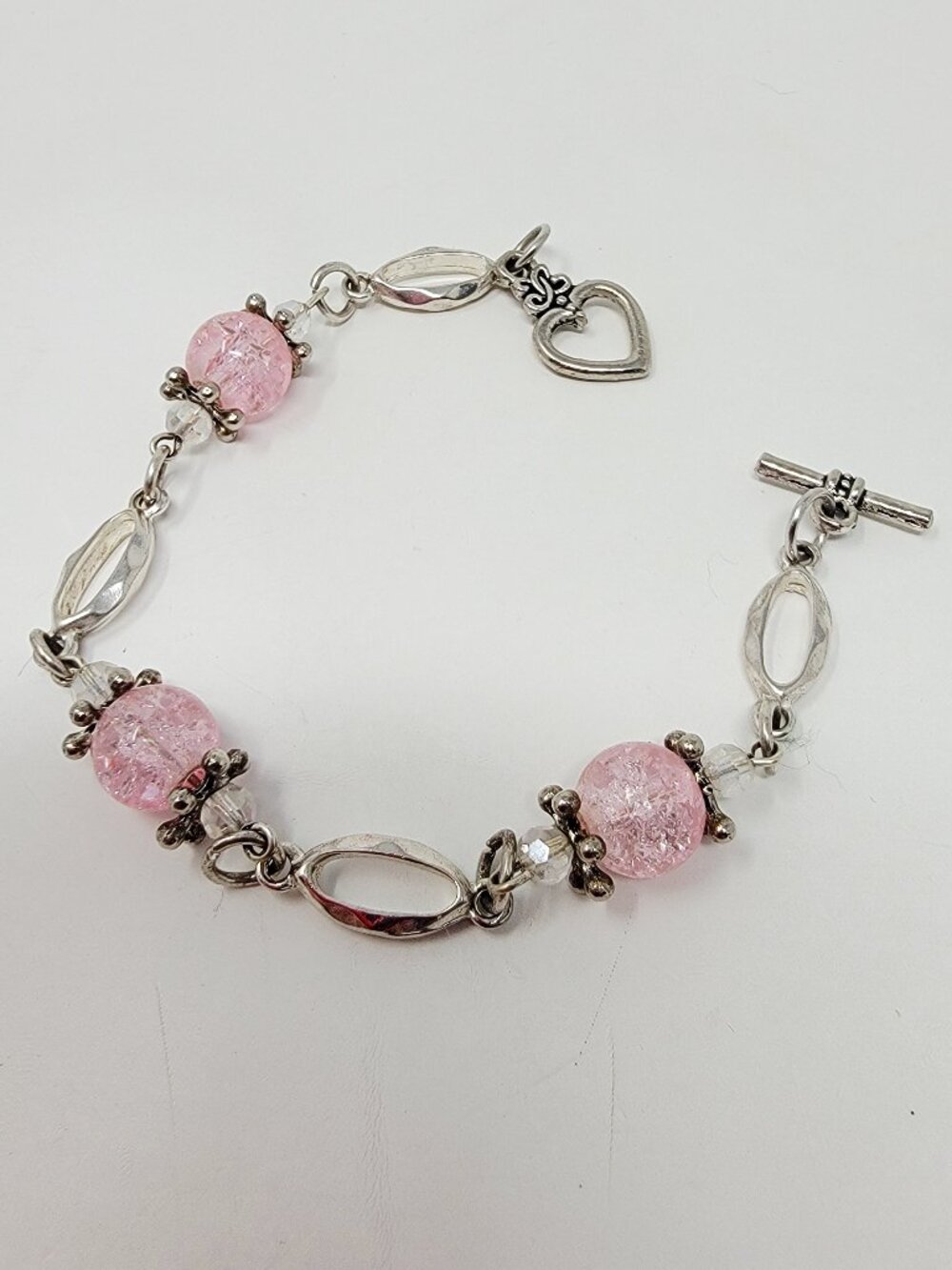 Pink Crackle Glass Bead Silver Tone Toggle Bracelet